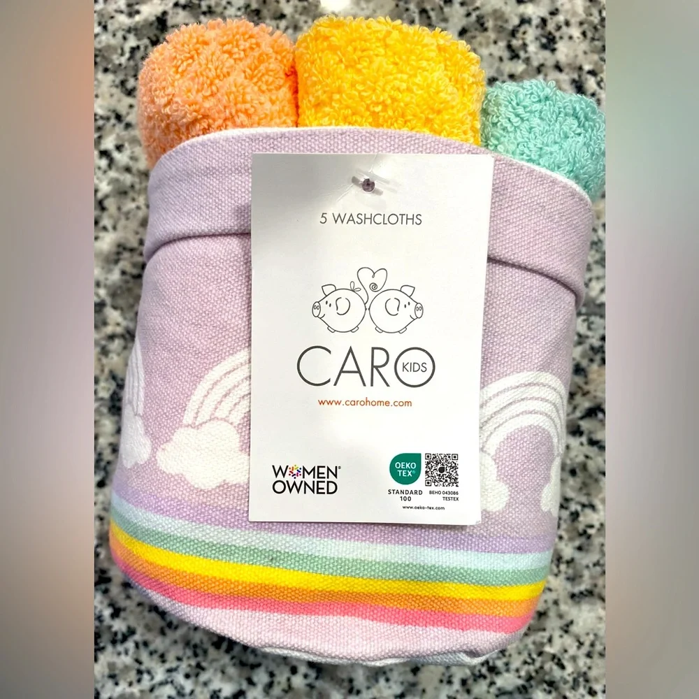Caro Rainbow Hand Towels in Purple Cloth Basket